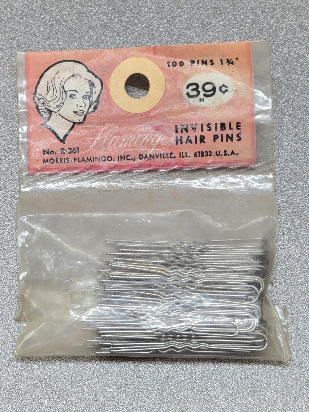 Vintage Flamingo Invisible Hair Pins 1 3/4” Silver Bobby Pins Danville IL